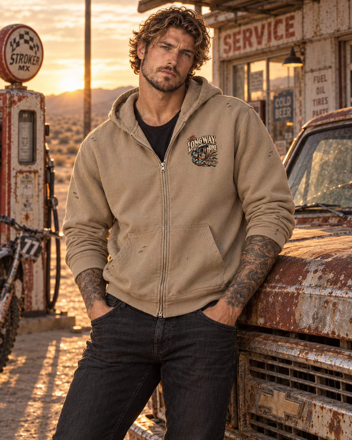 THE LONG WAY HOME | Men's Sunfade Frayed Zip Hoodie