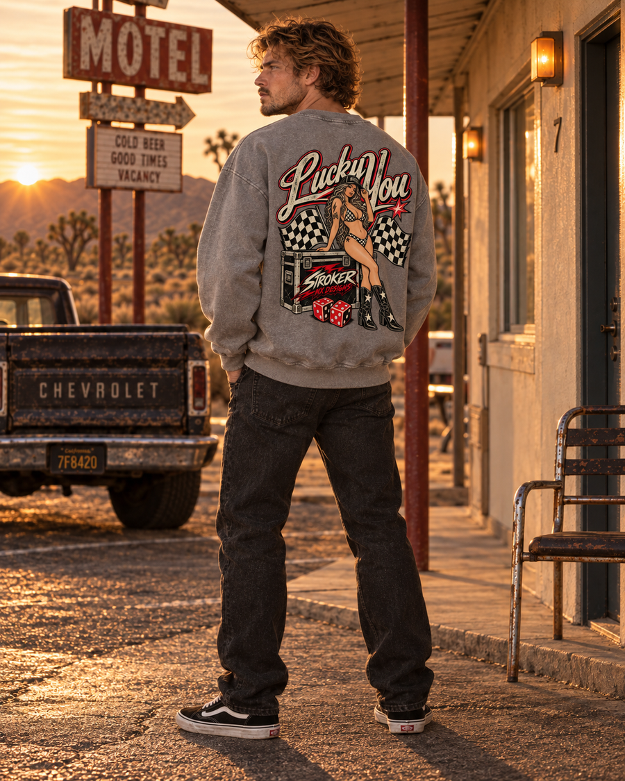 LUCKY YOU | Vintage Pinup Snow-Washed Crewneck