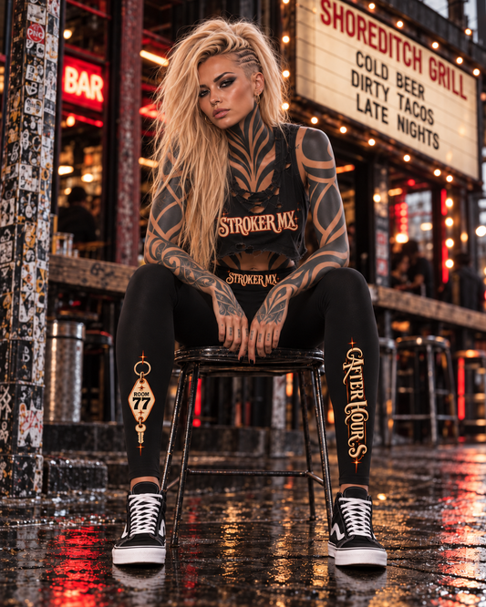 High-Rise Stretch Yoga Leggings – Black styled for Stroker MX — neon shoreditch after hours
