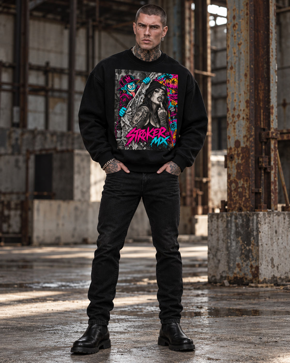 NEON SKATEBOARD | Women's Black Fleece Crewneck
