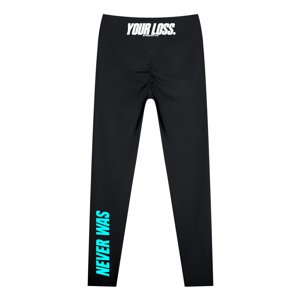 Product mockup showing Stroker MX High-Waisted Graphic Ankle Leggings – Black