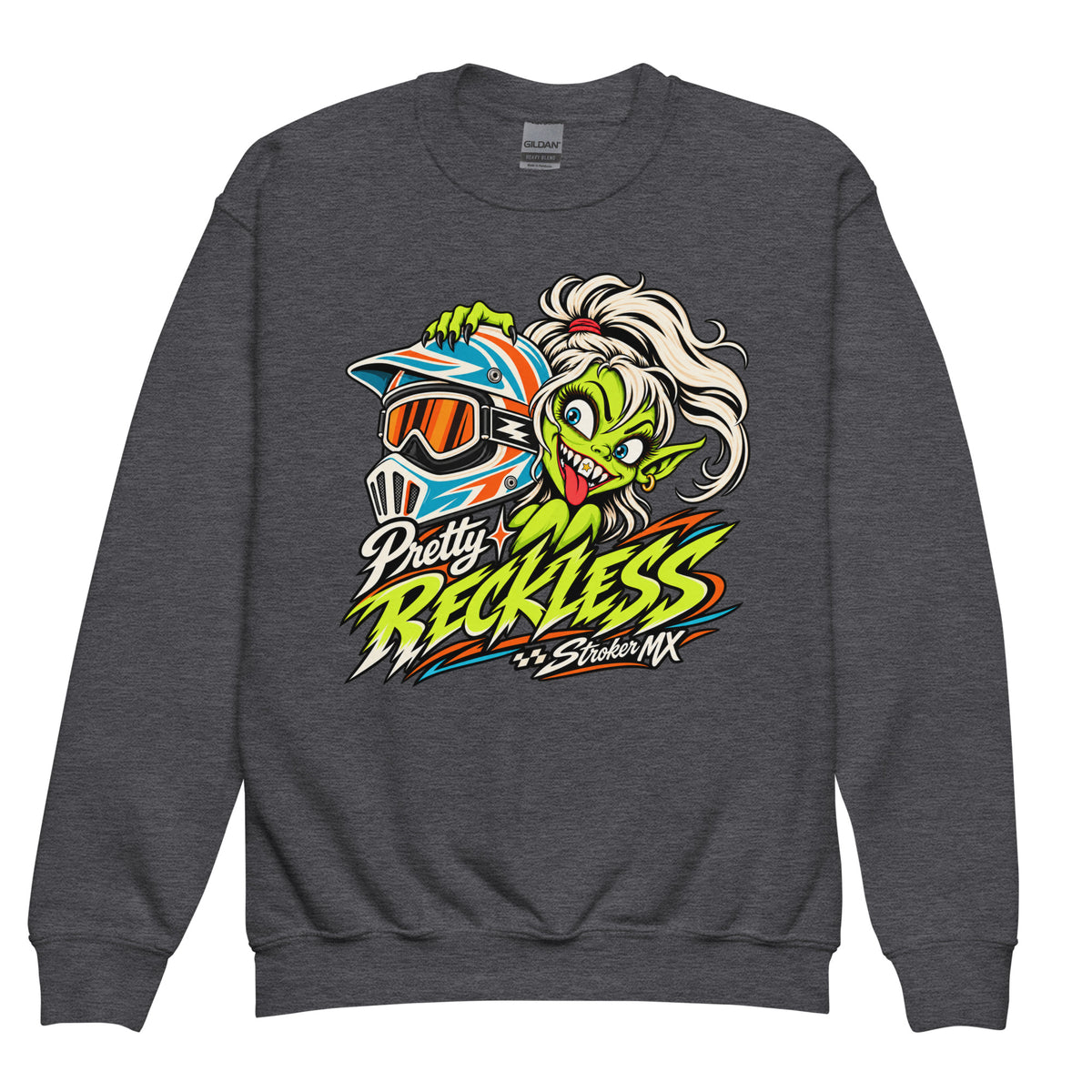 PRETTY RECKLESS MURAL | Youth Crewneck Sweatshirt — dark heather front garment mockup