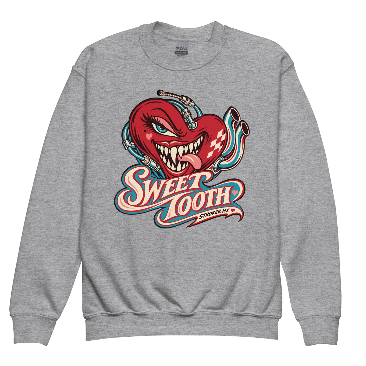 SWEET TOOTH | Youth Crewneck Sweatshirt — sport grey front garment mockup