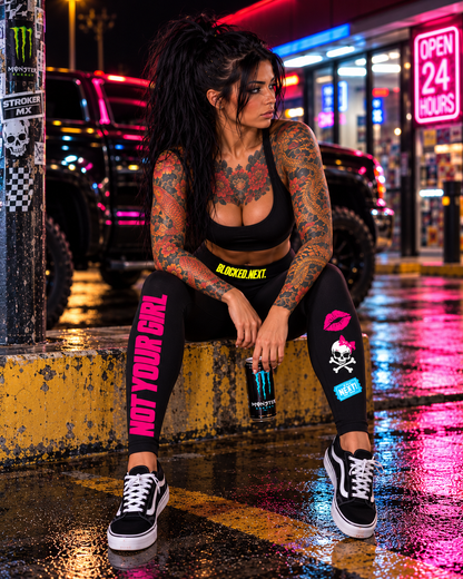 Stroker MX High-Waisted Graphic Ankle Leggings – Black modeled in a women's lifestyle fashion photograph