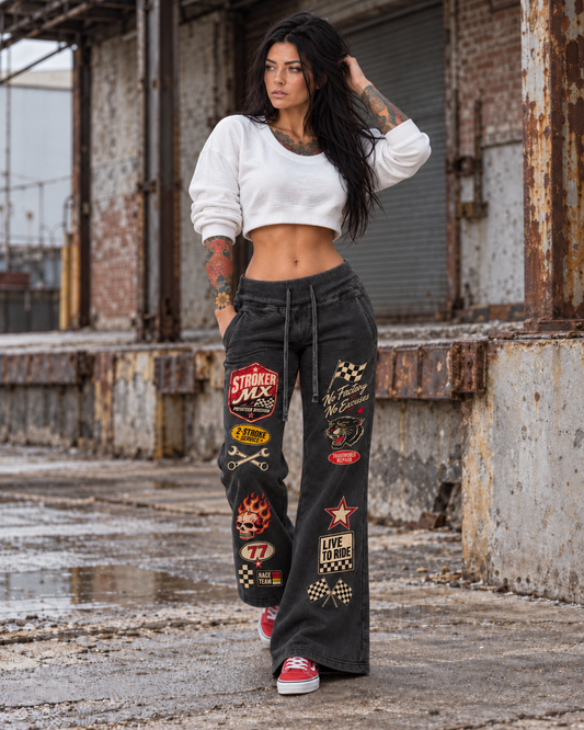 Stroker MX Vintage Motorsport Patchwork Flared Sweatpants modeled in a women's lifestyle fashion photograph