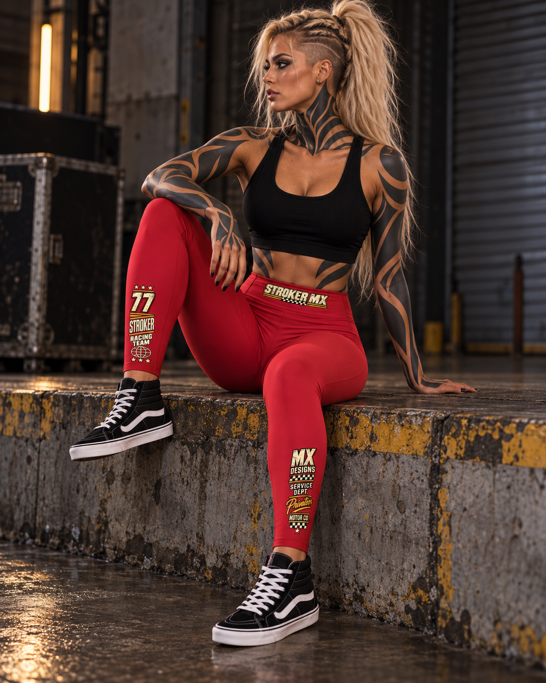 Stroker MX High-Waisted Graphic Ankle Leggings – Wine Red modeled in a women's lifestyle fashion photograph