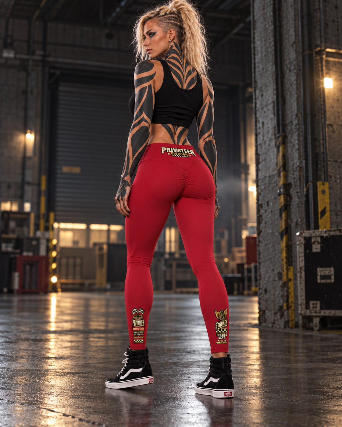 Stroker MX High-Waisted Graphic Ankle Leggings – Wine Red modeled in a women's lifestyle fashion photograph
