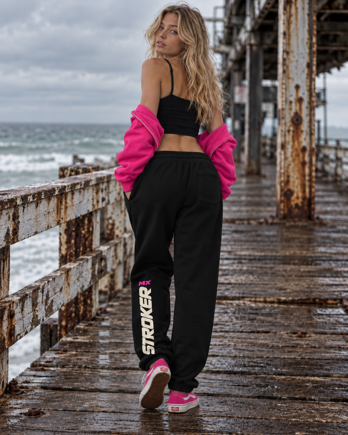Stroker MX Moto Club Graphic Urban Sweatpants modeled in a women's lifestyle fashion photograph