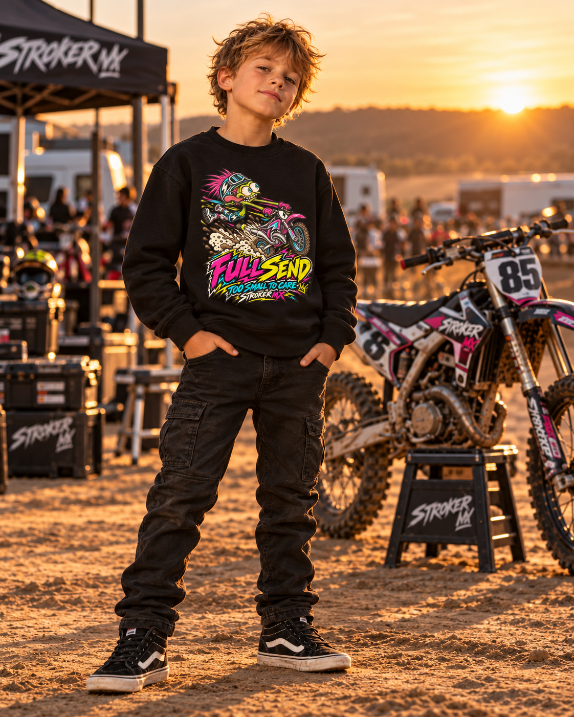 FULLSEND | Youth Crewneck Sweatshirt — Golden Hour Motocross Paddock