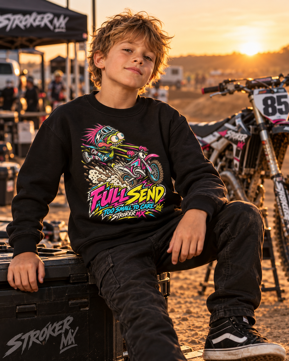 FULLSEND | Youth Crewneck Sweatshirt — Golden Hour Motocross Style