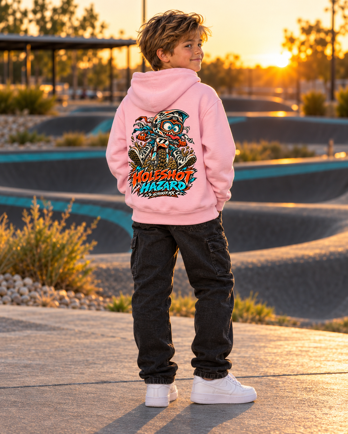 PUMP TRACK | Youth Heavy Blend Hoodie — Golden Hour Skatepark Hoodie Portrait