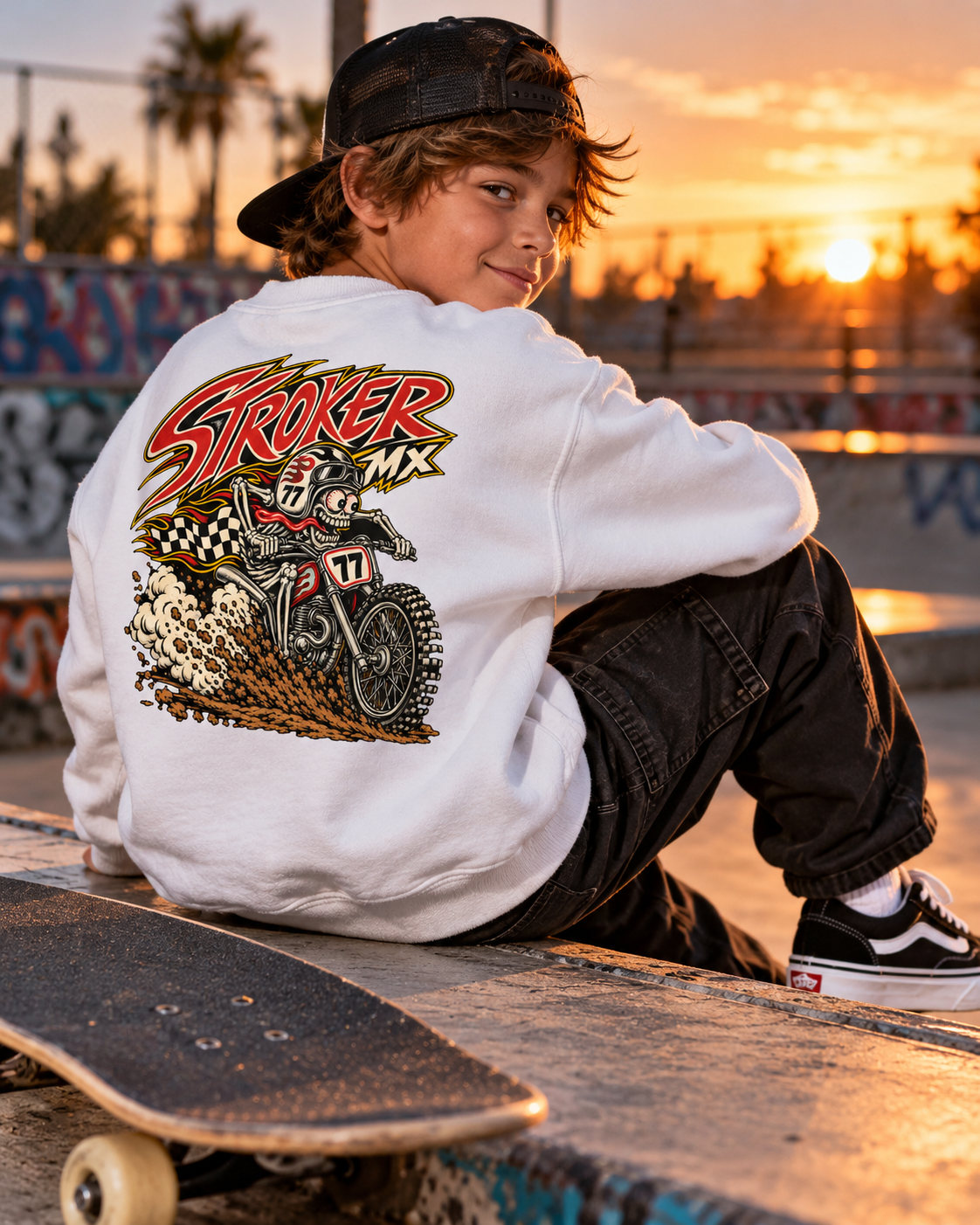 SUNSET SKATE | Youth Crewneck Sweatshirt — Golden Hour Skatepark Portrait