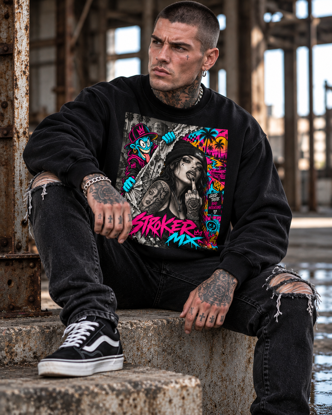 NEON SKATEBOARD | Women's Black Fleece Crewneck
