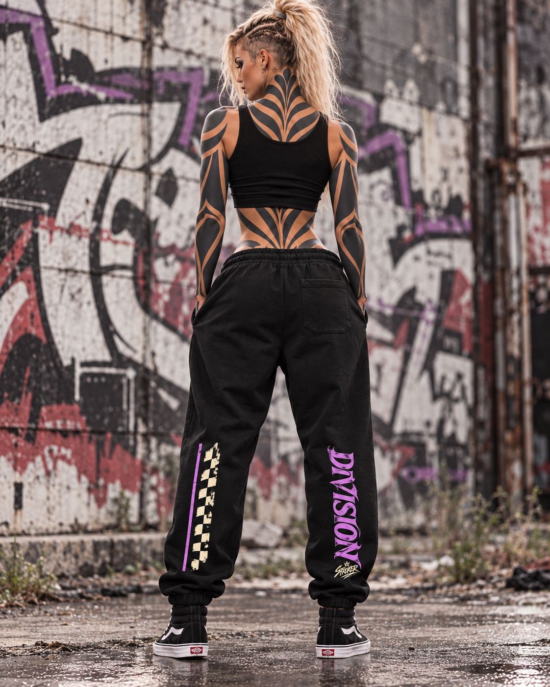 Rebel Edition Graphic Urban Sweatpants styled for Stroker MX — gritty tattooed streetwear editorial
