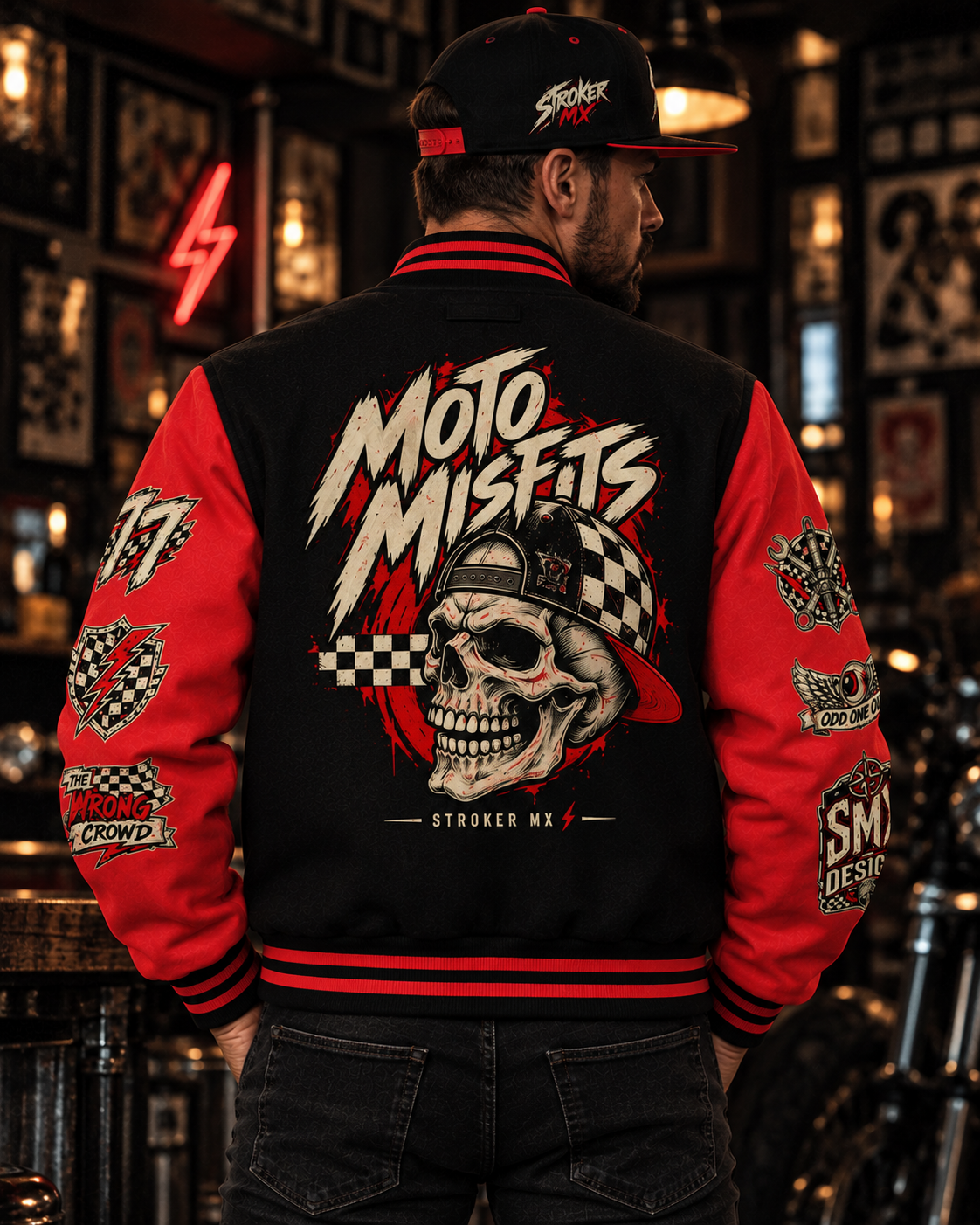 MOTO MISFITS — THE WRONG CROWD | Heavyweight Letterman Jacket — Stroker MX product photograph