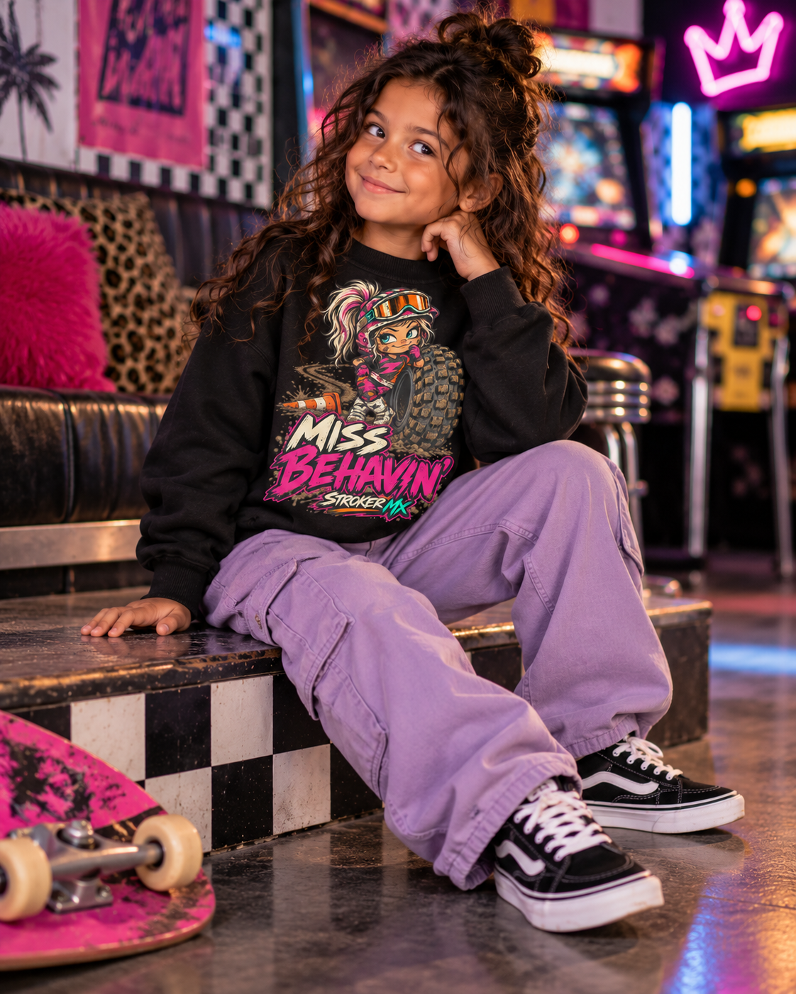 NEON ARCADE | Youth Crewneck Sweatshirt — Neon Arcade Skater Girl