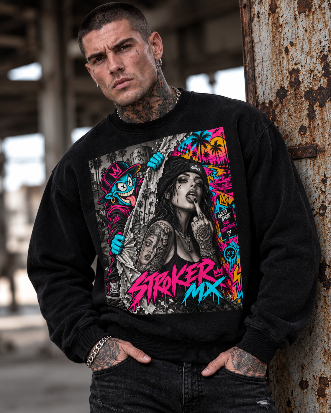 NEON SKATEBOARD | Women's Black Fleece Crewneck