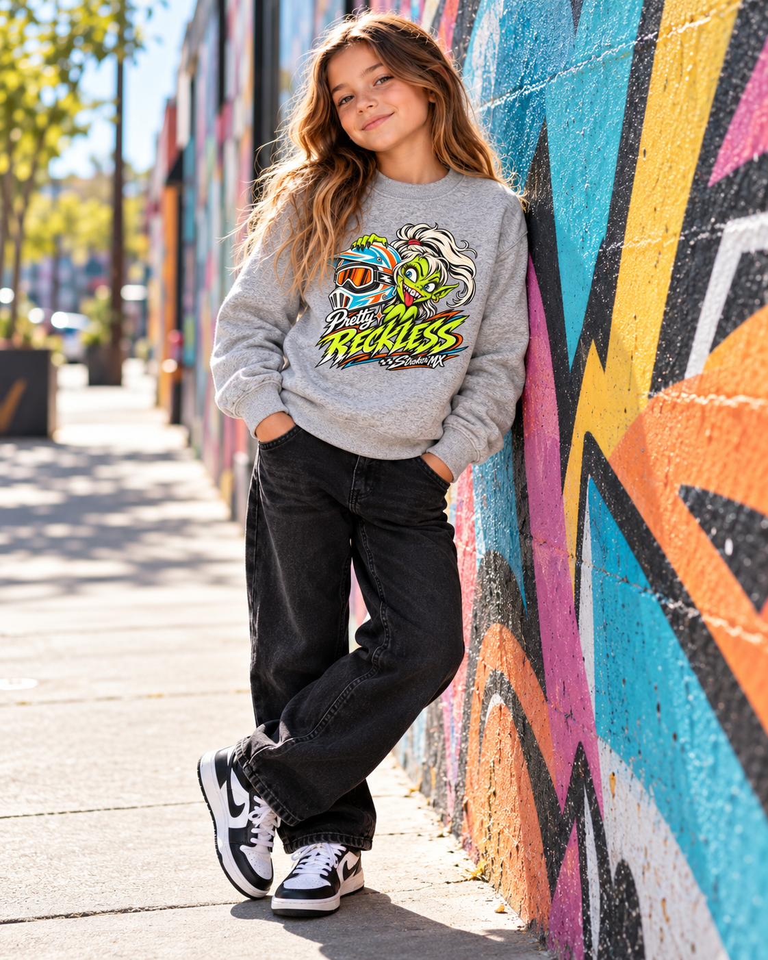 PRETTY RECKLESS MURAL | Youth Crewneck Sweatshirt — Pretty Reckless Mural Street Portrait