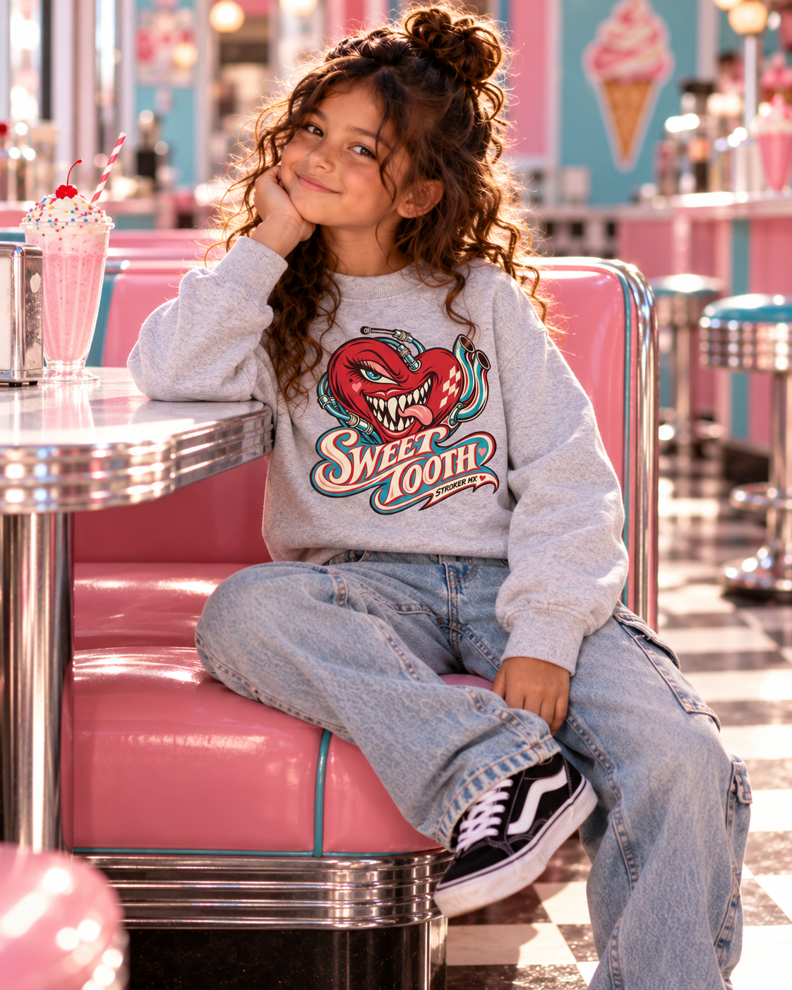 SWEET TOOTH | Youth Crewneck Sweatshirt — Retro Diner Sweetheart with a Shake