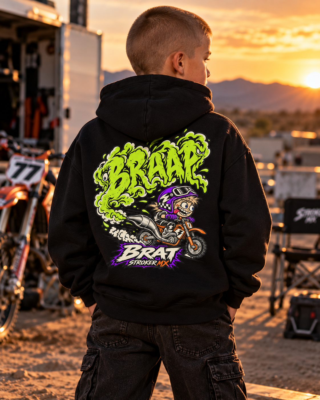 TRACKSIDE SUNSET | Youth Heavy Blend Hoodie — Sunset Motocross Hoodie Portrait