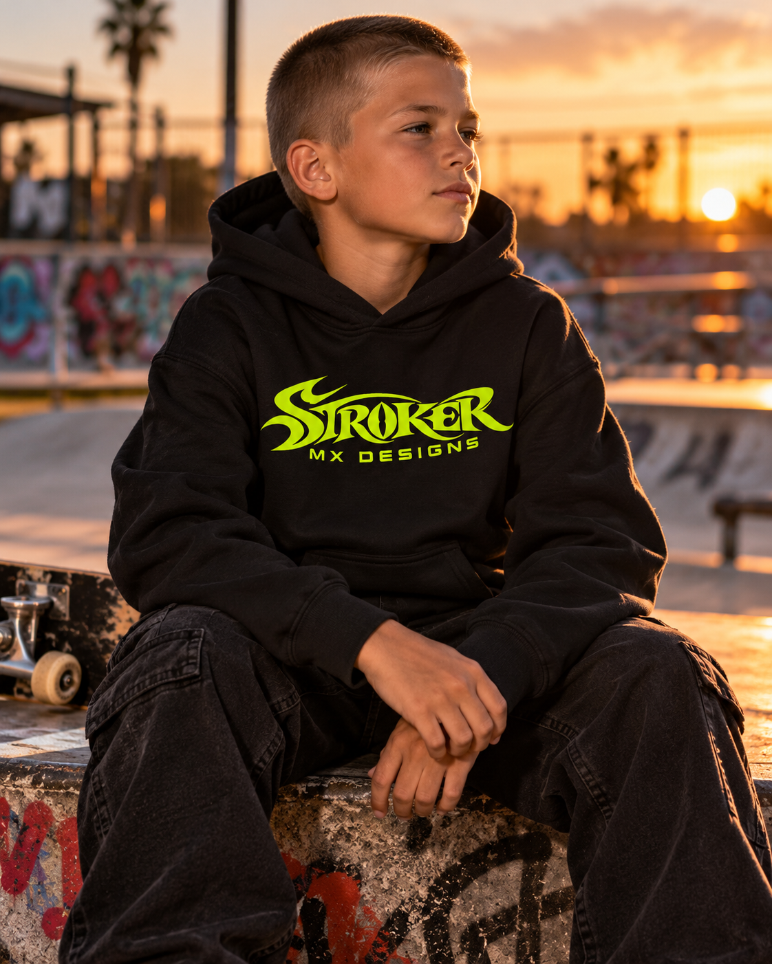 TRACKSIDE SUNSET | Youth Heavy Blend Hoodie — Sunset Skatepark Hoodie Portrait