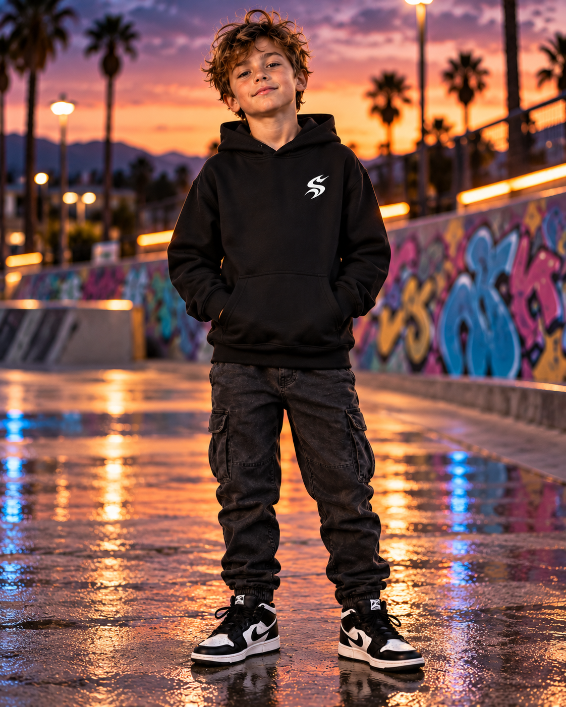 LITTLE RIPPER | Kids Fleece Hoodie — Sunset Skatepark Portrait