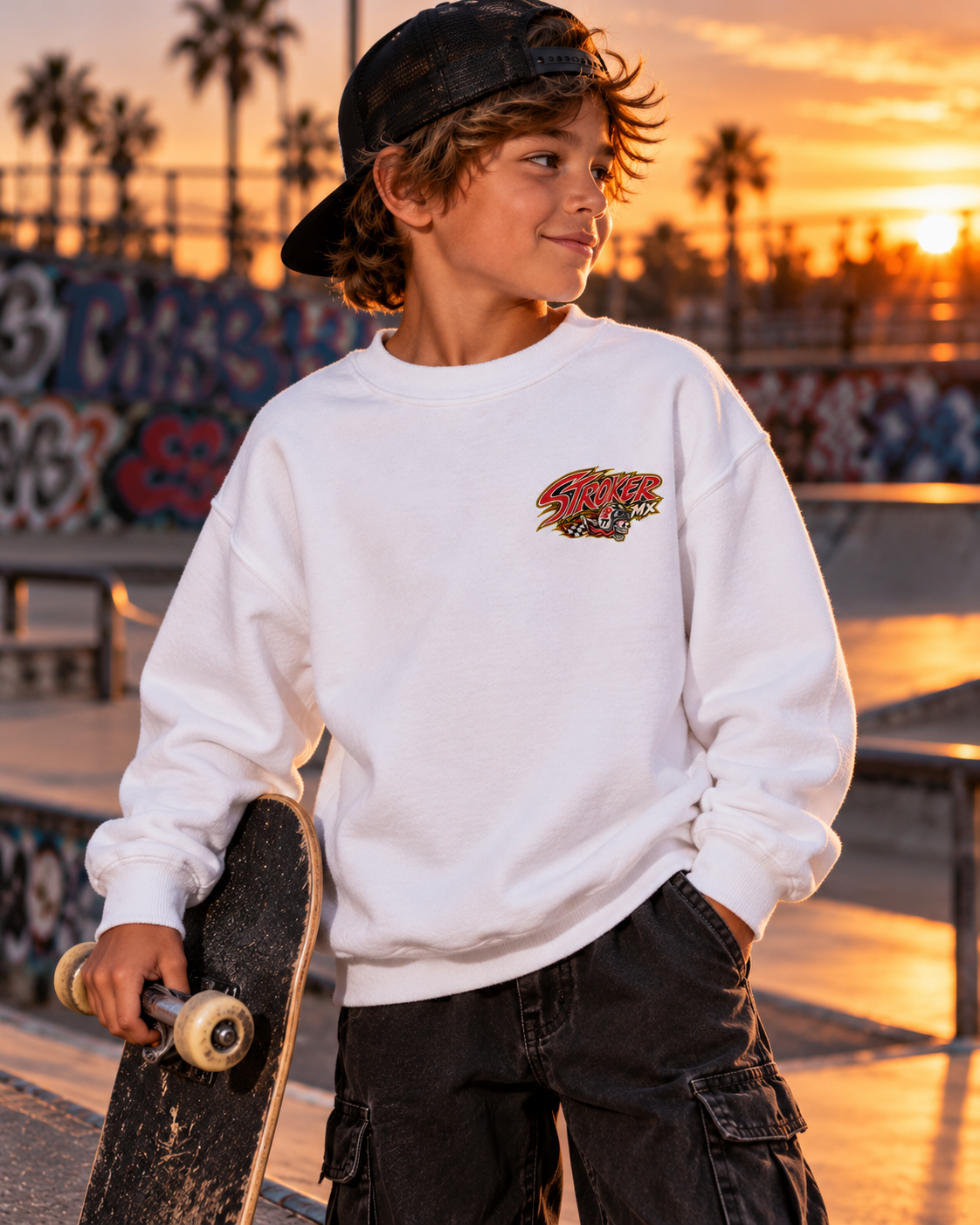 SUNSET SKATE | Youth Crewneck Sweatshirt — Sunset Skatepark Portrait with Skateboard