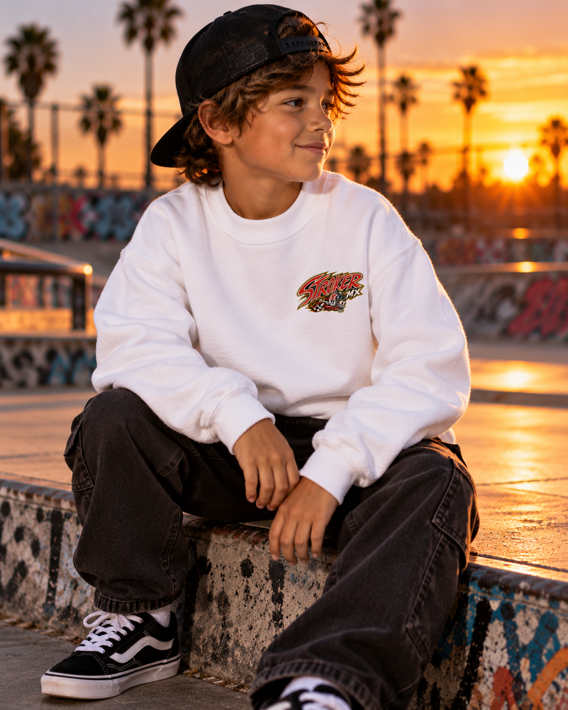 SUNSET SKATE | Youth Crewneck Sweatshirt — Sunset Skatepark Stroker MX Portrait