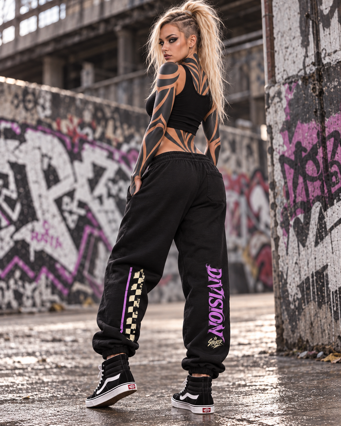 Rebel Edition Graphic Urban Sweatpants styled for Stroker MX — tattooed streetwear rebel in graffiti alley