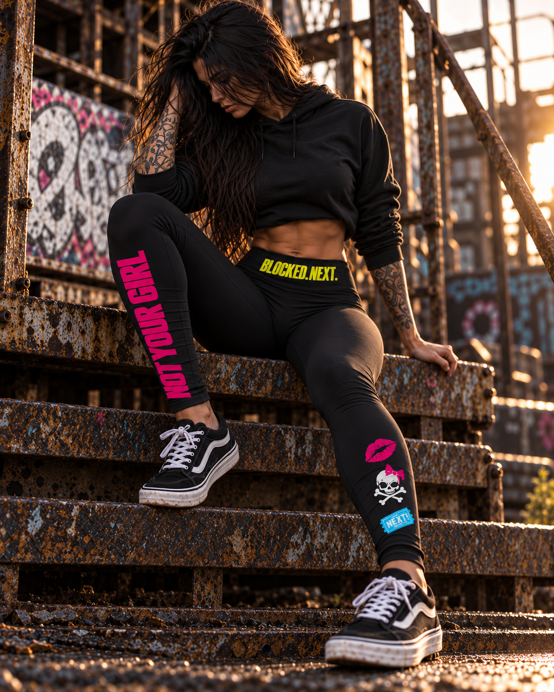 Stroker MX High-Waisted Graphic Ankle Leggings – Black modeled in a women's lifestyle fashion photograph