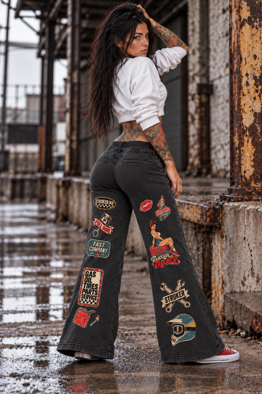 Stroker MX Vintage Motorsport Patchwork Flared Sweatpants modeled in a women's lifestyle fashion photograph