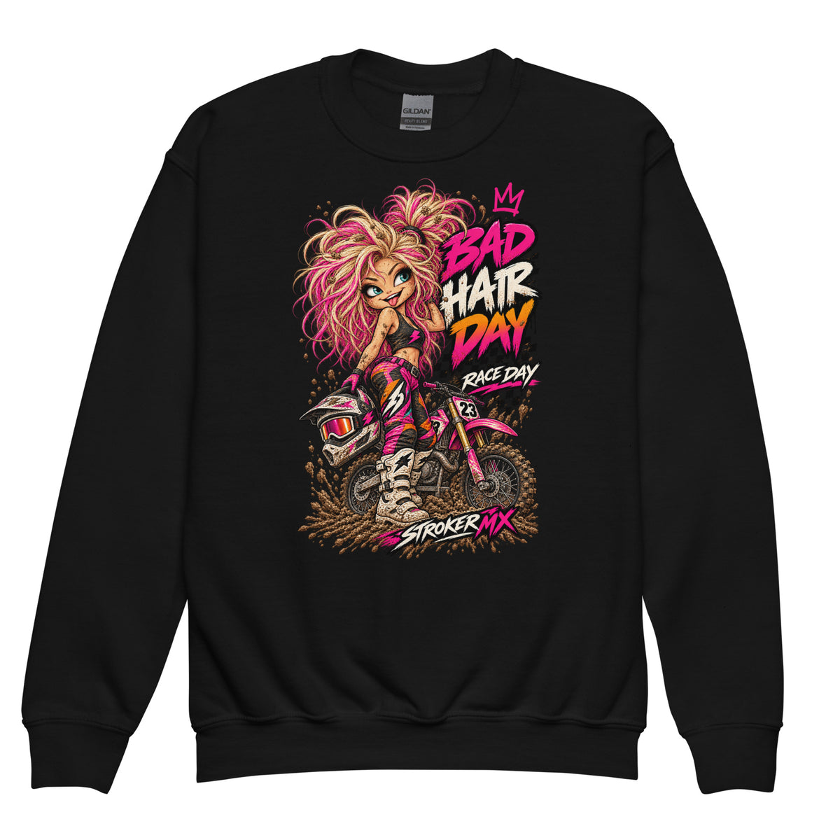 RACE DAY | Youth Crewneck Sweatshirt — black front garment mockup