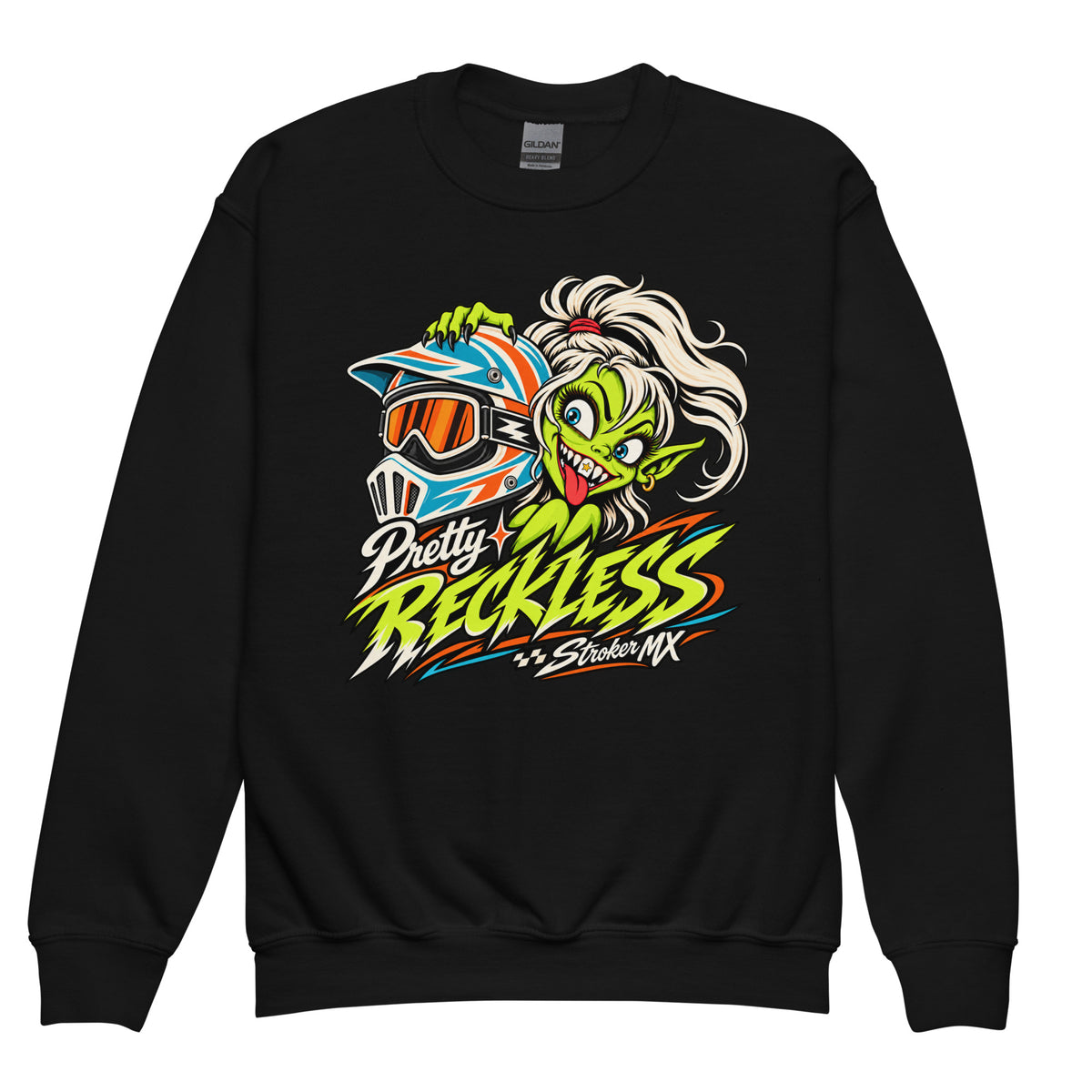 PRETTY RECKLESS MURAL | Youth Crewneck Sweatshirt — black front garment mockup