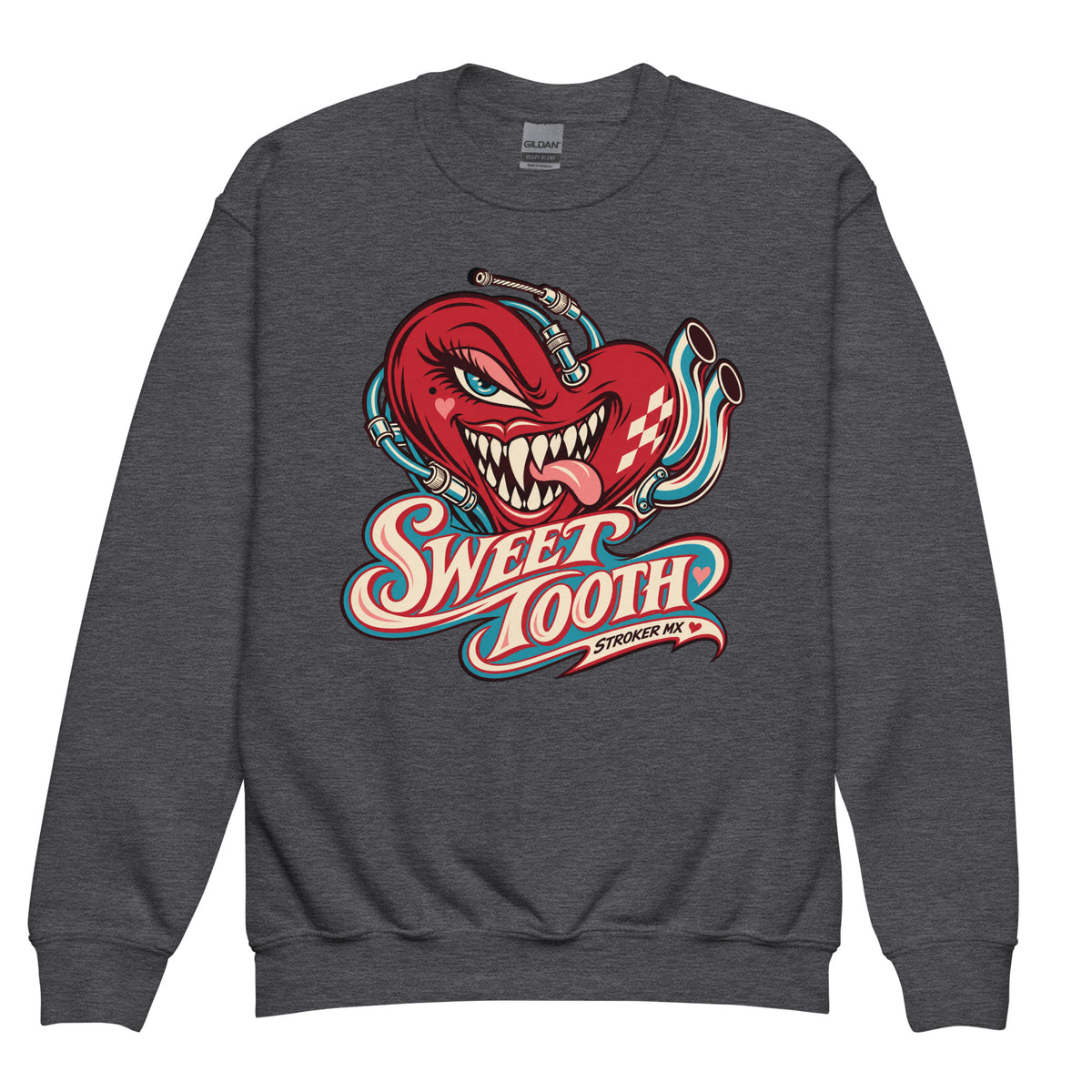SWEET TOOTH | Youth Crewneck Sweatshirt — dark heather front garment mockup